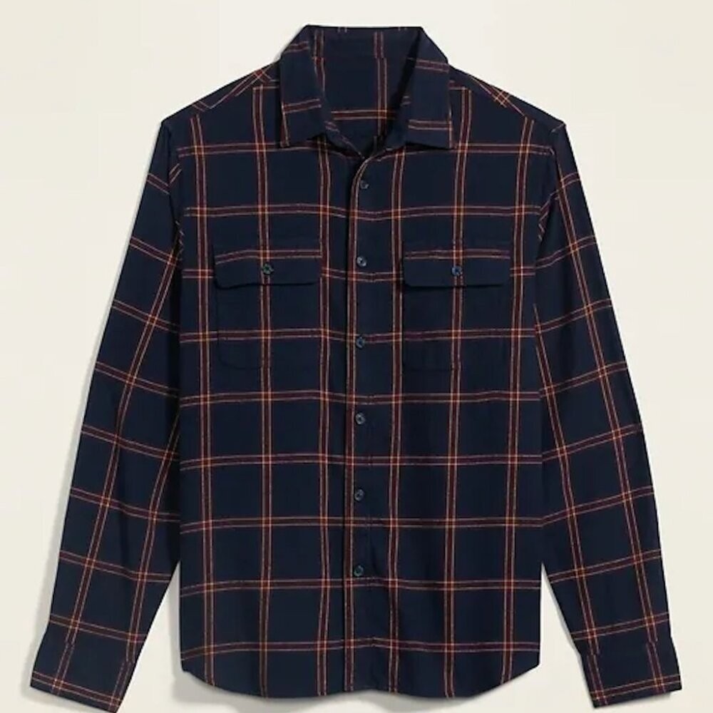 Old Navy Mens Large Navy Blue Plaid Built-In Flex Flannel Button-Down Shirt